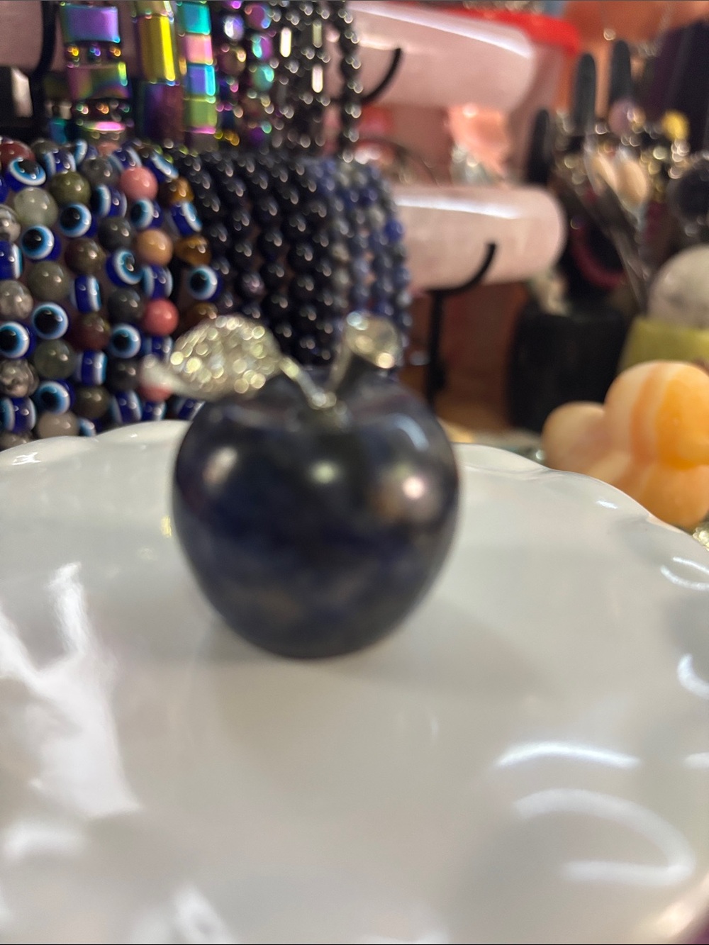 Blue Sodalite Stone Apple Figurine with Silver Leaves